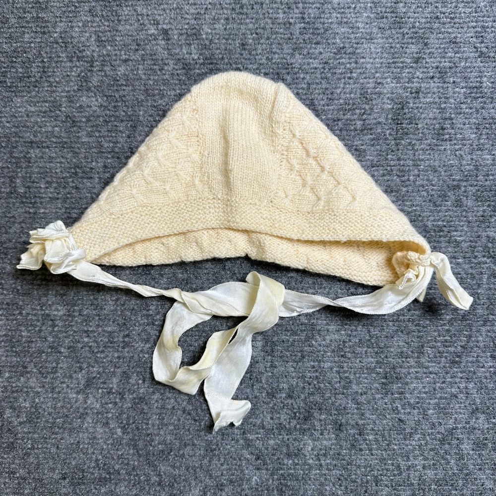 Vintage Cream Cable Knit Baby Bonnet with Satin Ribbon Ties Rosettes
